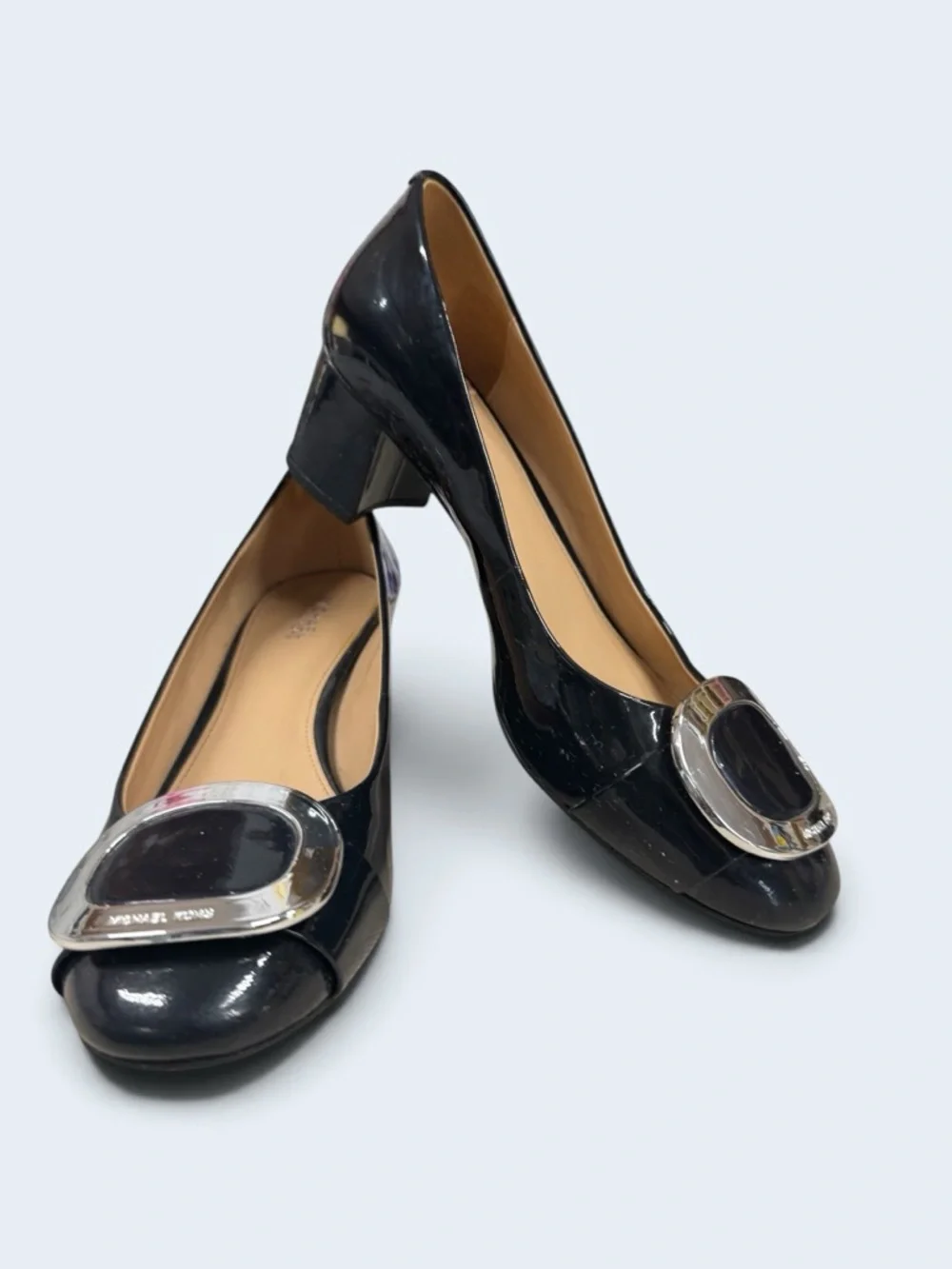Michael Kors Black Patent Block Heel Pumps with Silver Buckle Size 7.5